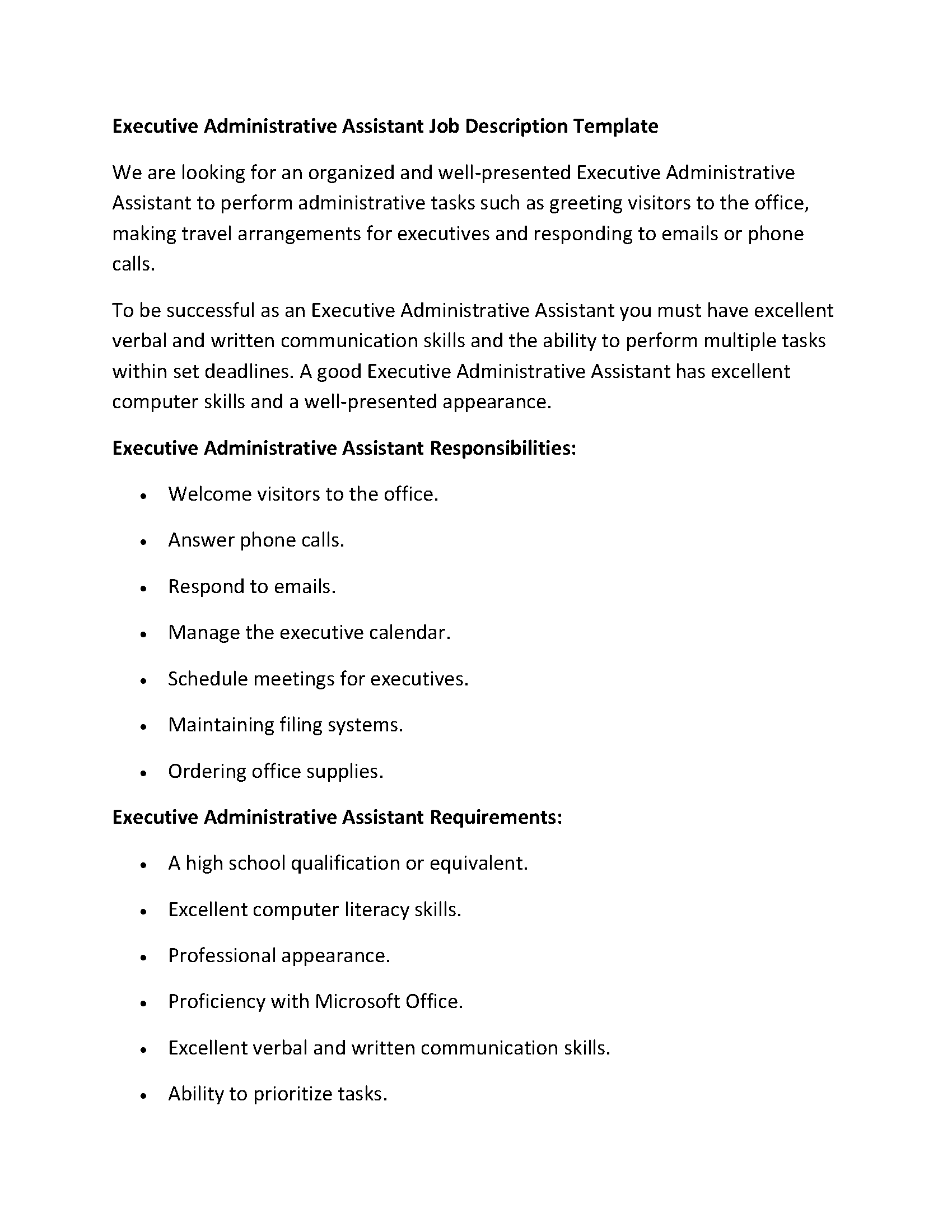 Executive Administrative Assistant Job Description Template